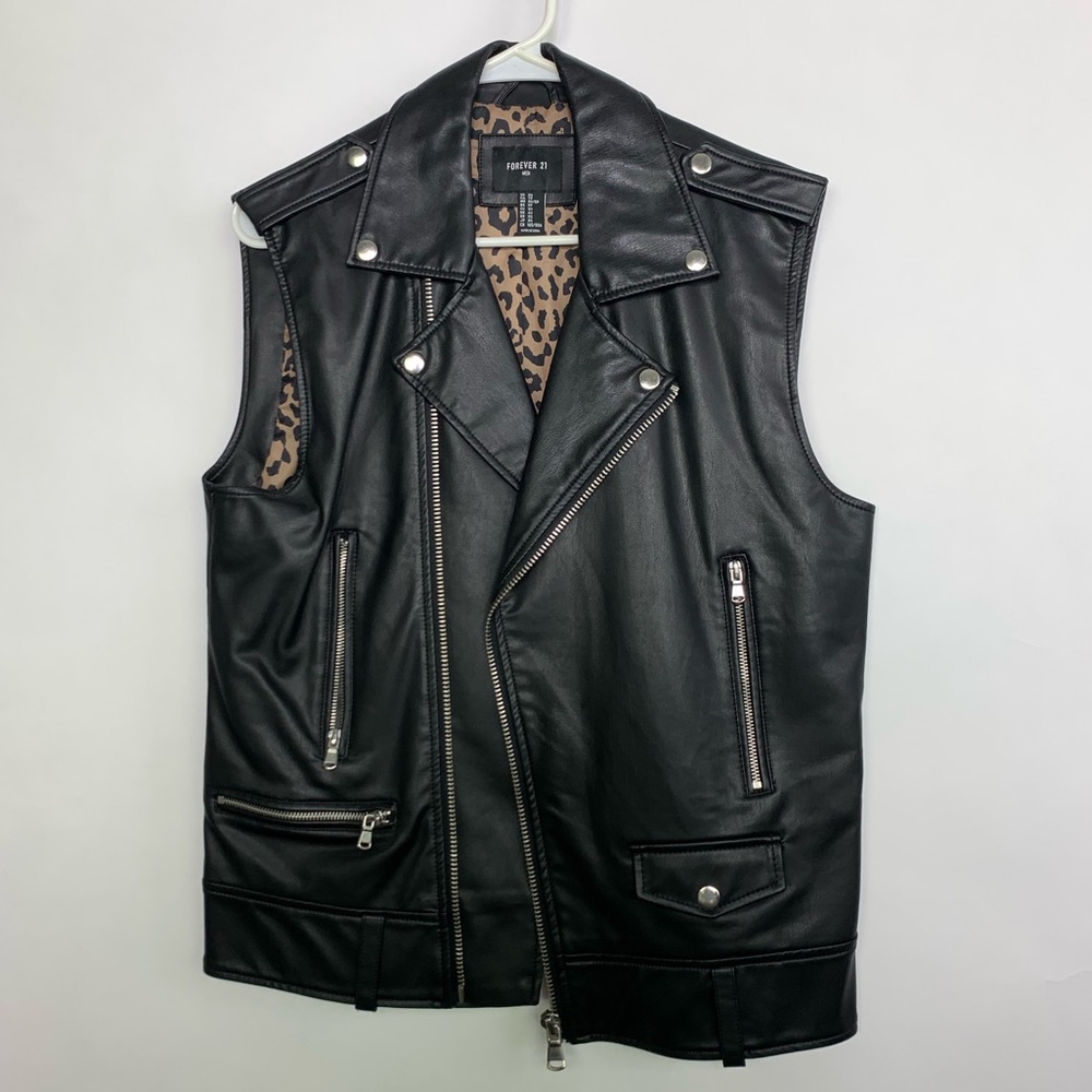 Black Faux Leather Biker Punk Leopard Vest